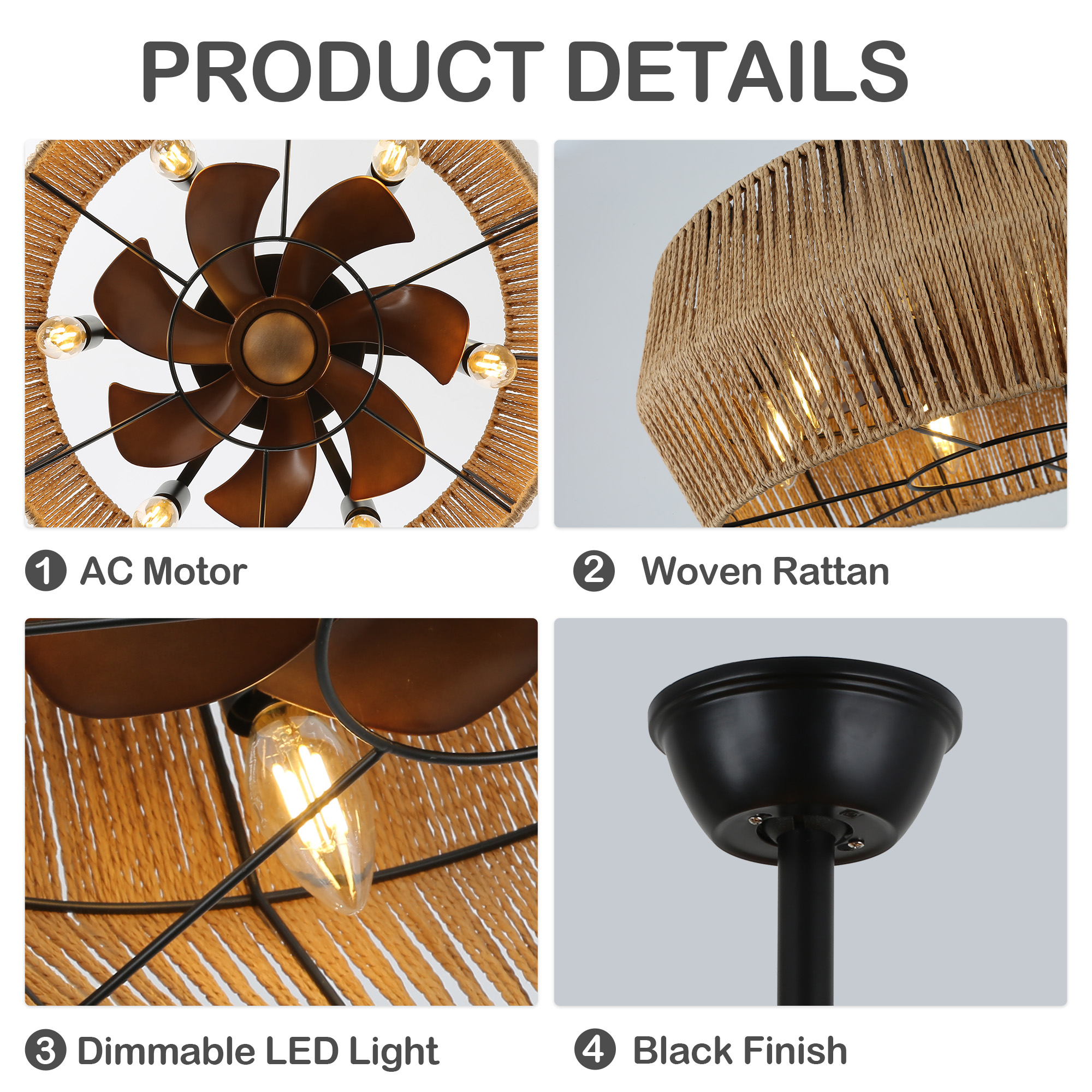 Chords Attic 18" 6-Light  Boho Ceiling Fan with Lights and Remote Control, Farmhouse Ceiling Fan with Natural Jute Rope Woven Drum Shade for Bedroom, Living Room, Patio