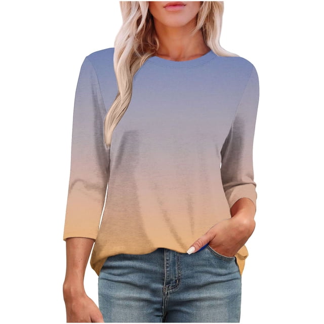 Plebaso T-Shirts à Manches 3/4 Col Rond pour Femmes Tee-Shirts Décontractés Amples Blouses Dégradées pour S-5TG