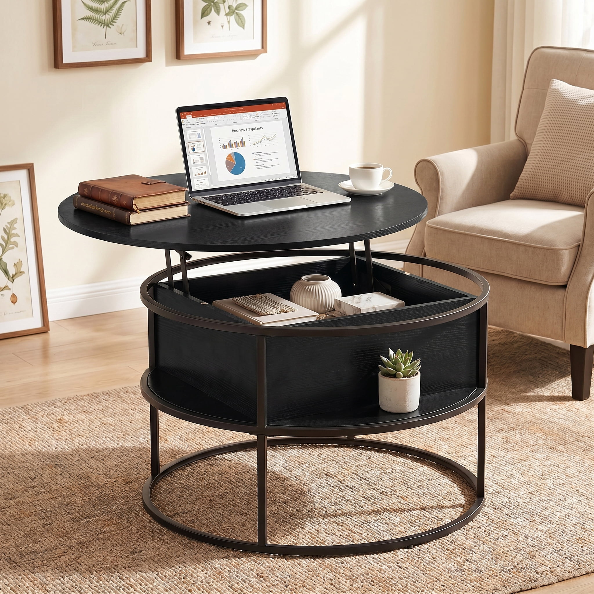 Cenovo Round Lift-Top Coffee Table with Hidden Storage and Open Shelf Modern Farmhouse Center Table for Living Room,Black