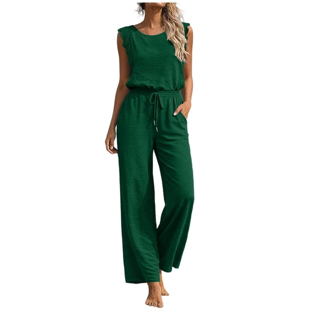 Combinaison pour Femmes, Sans Manches à Jambe Grand, avec Col Rond et Ceinture à la Taille, une Pièce de Couleur Unie