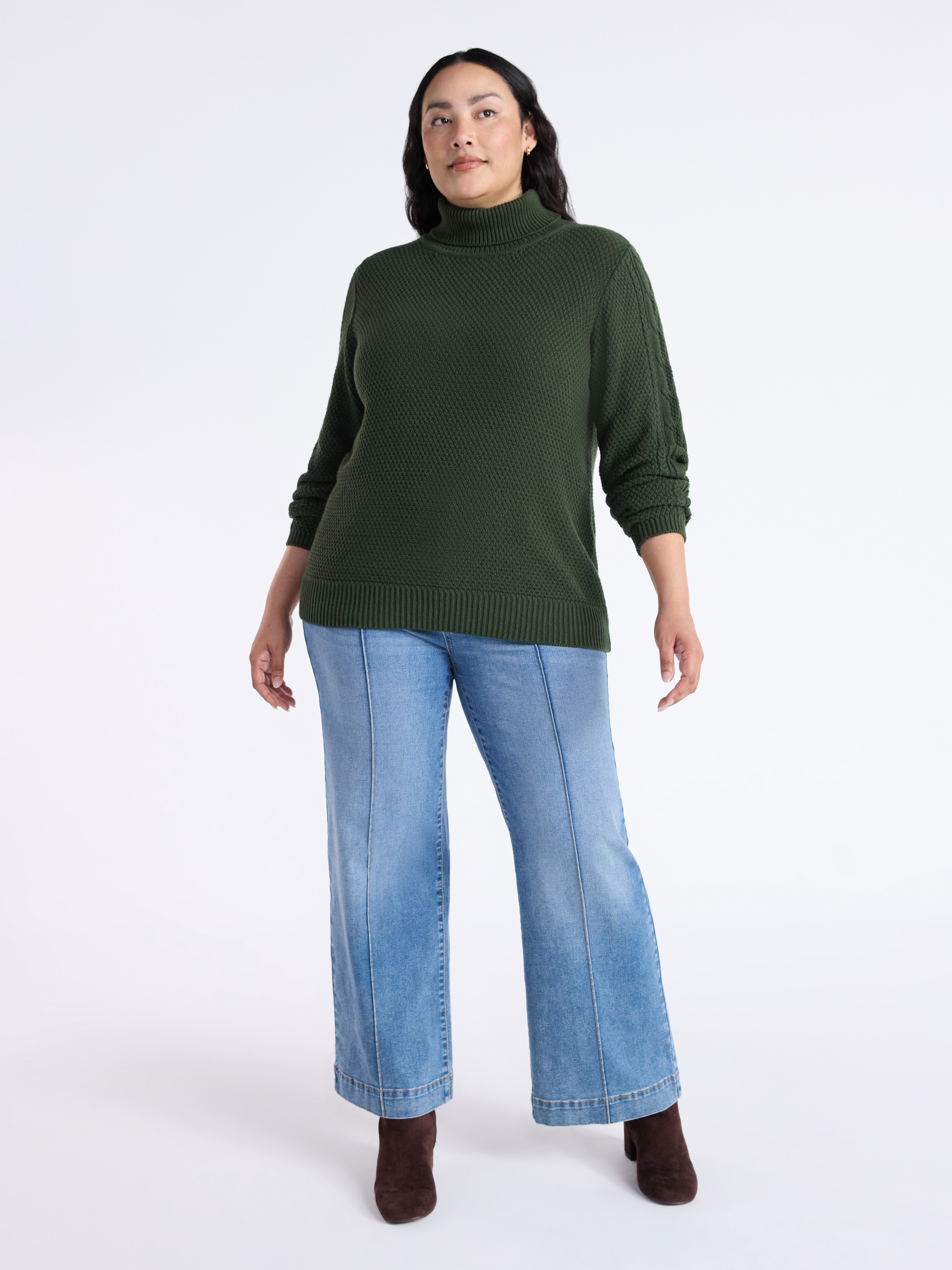 Time and Tru Women’s and Women’s Plus Turtleneck Sweater with Cable Sleeves, Midweight, Sizes XS-4X