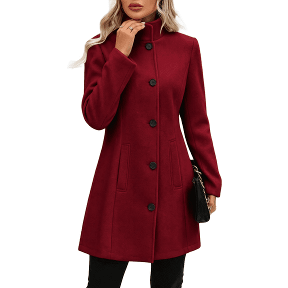 Vixolx Womens Mid Length Wool Blend Coat Stand Collar Single Breasted Overcoat with Slant Pockets Fall Winter Casual Office
