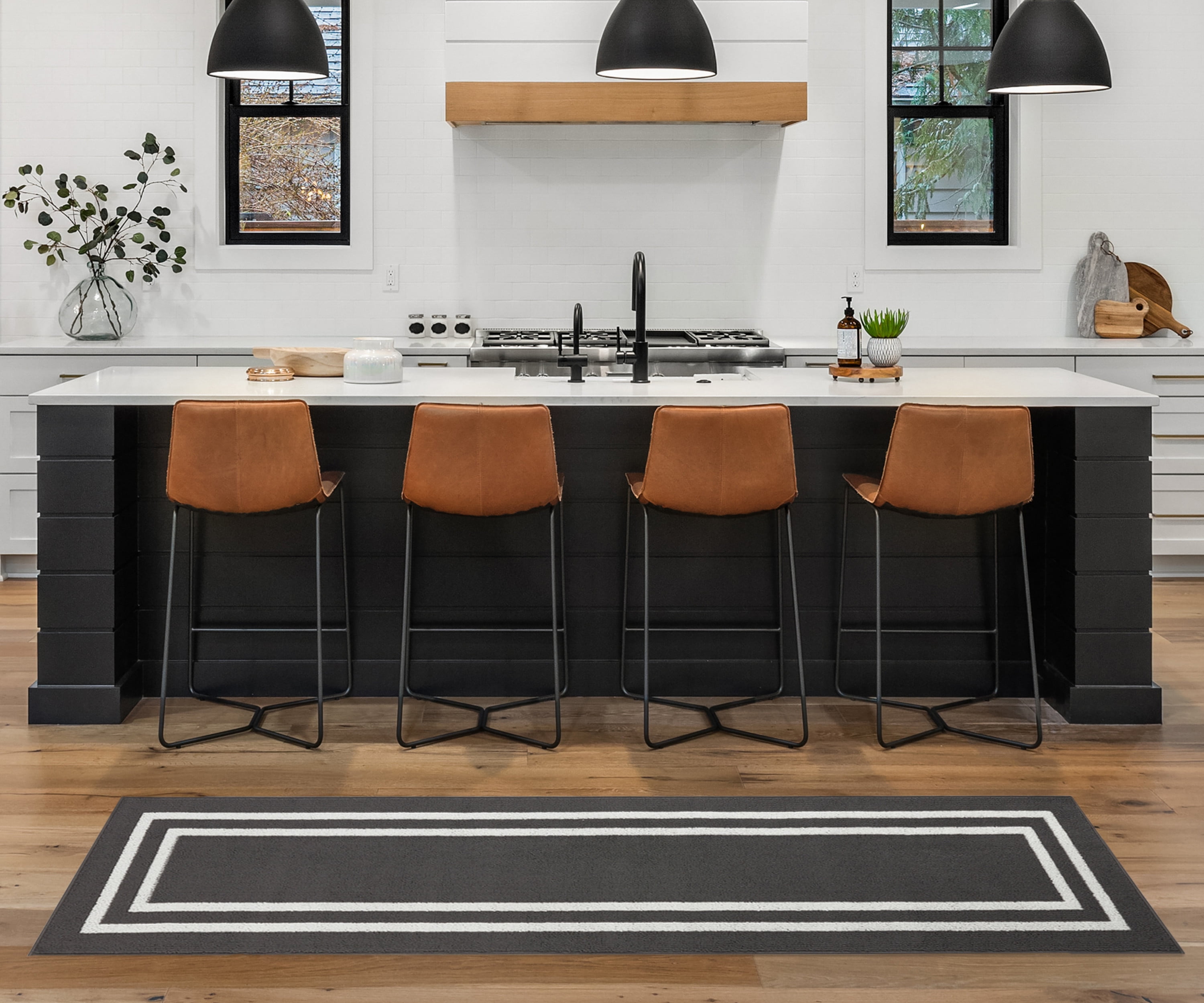 Washable Skid-Resistant Runner Rug, Border, Dark Grey and White, 26" x 96"