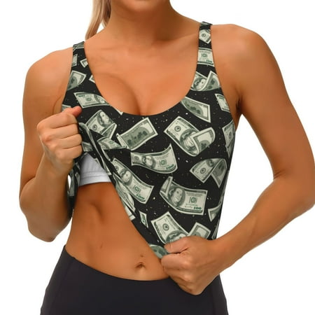 Qokaie Dollar Pattern Womens Scoop Neck Sports Bra Breathable Workout Vest Padded U Back Medium Impact Fitness Gym Yoga Bra Workout Crop Top