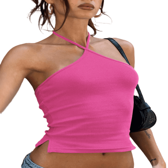 LYMAYTER Women Halter Vest Summer Sleeveless Crop Tank Fashion Solid Color Cami Tie Back Slim Tops S-XL