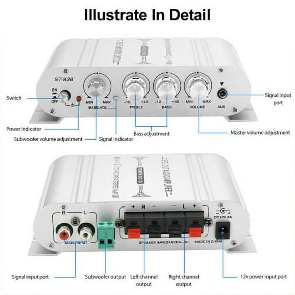 Mini Hifi Digital Stereo Audio 2 Channels Amplifier Power Amp Dc 12V Fm Car Home