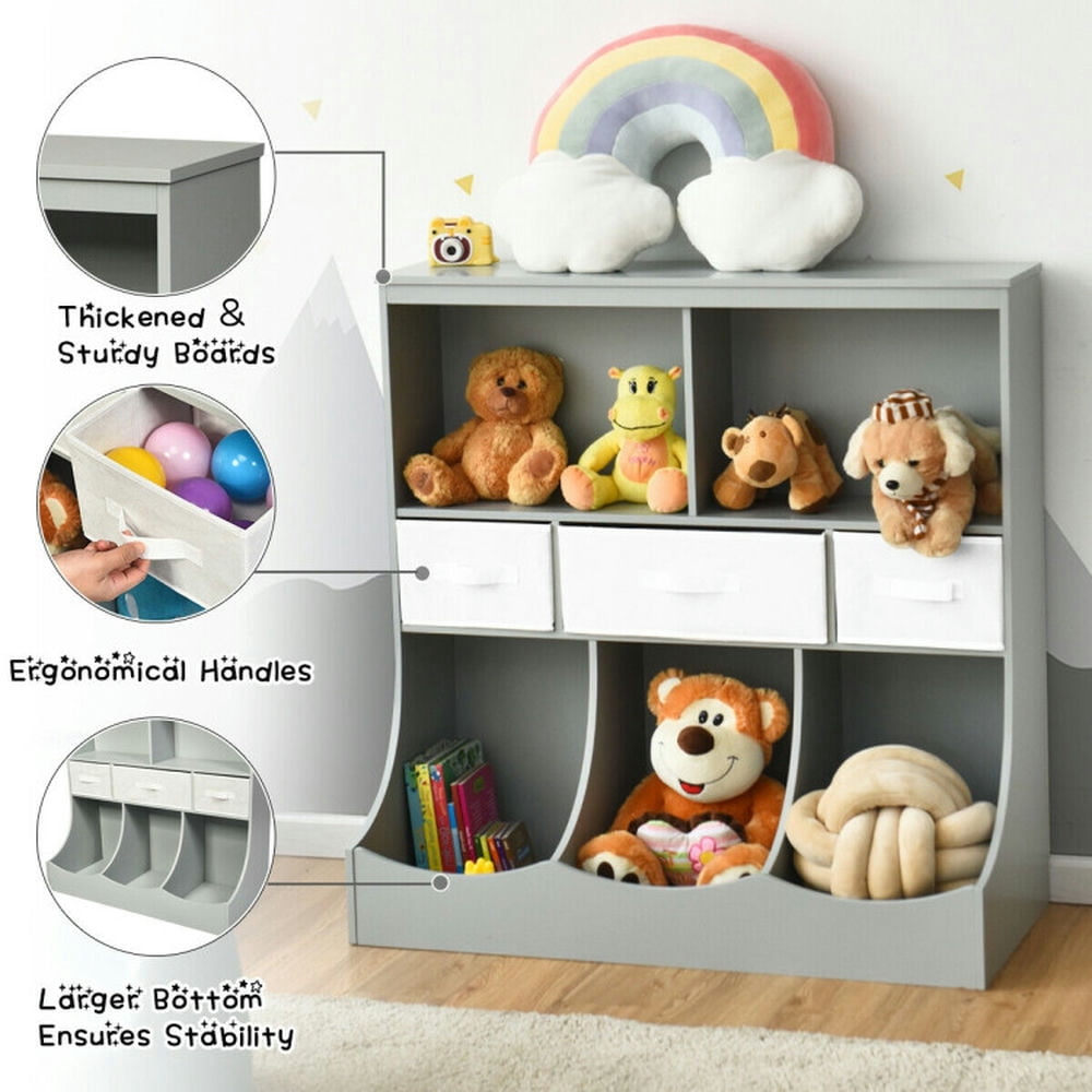 Resenkos Freestanding Combo Cubby Bin Storage Organizer Unit W/3 Baskets-Gray, Kids Toy Storage for Kids, Boys, Girls, Nursery