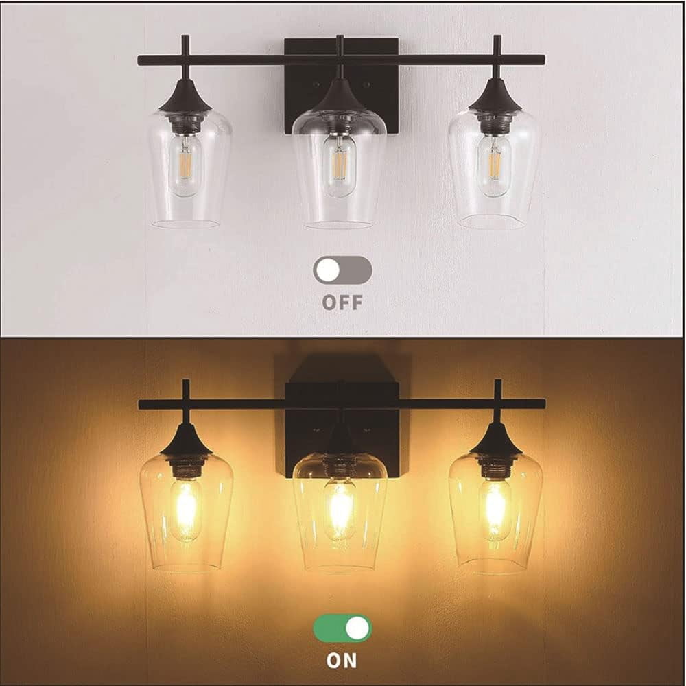 3-Light Vanity Lamp Bathroom Lighting Fixture, Vintage Matte Black Mirror Front Light, E26/E27 Wall Sconce Bath Wall Lamps with Clear Glass Shade Over Mirror Cabinet