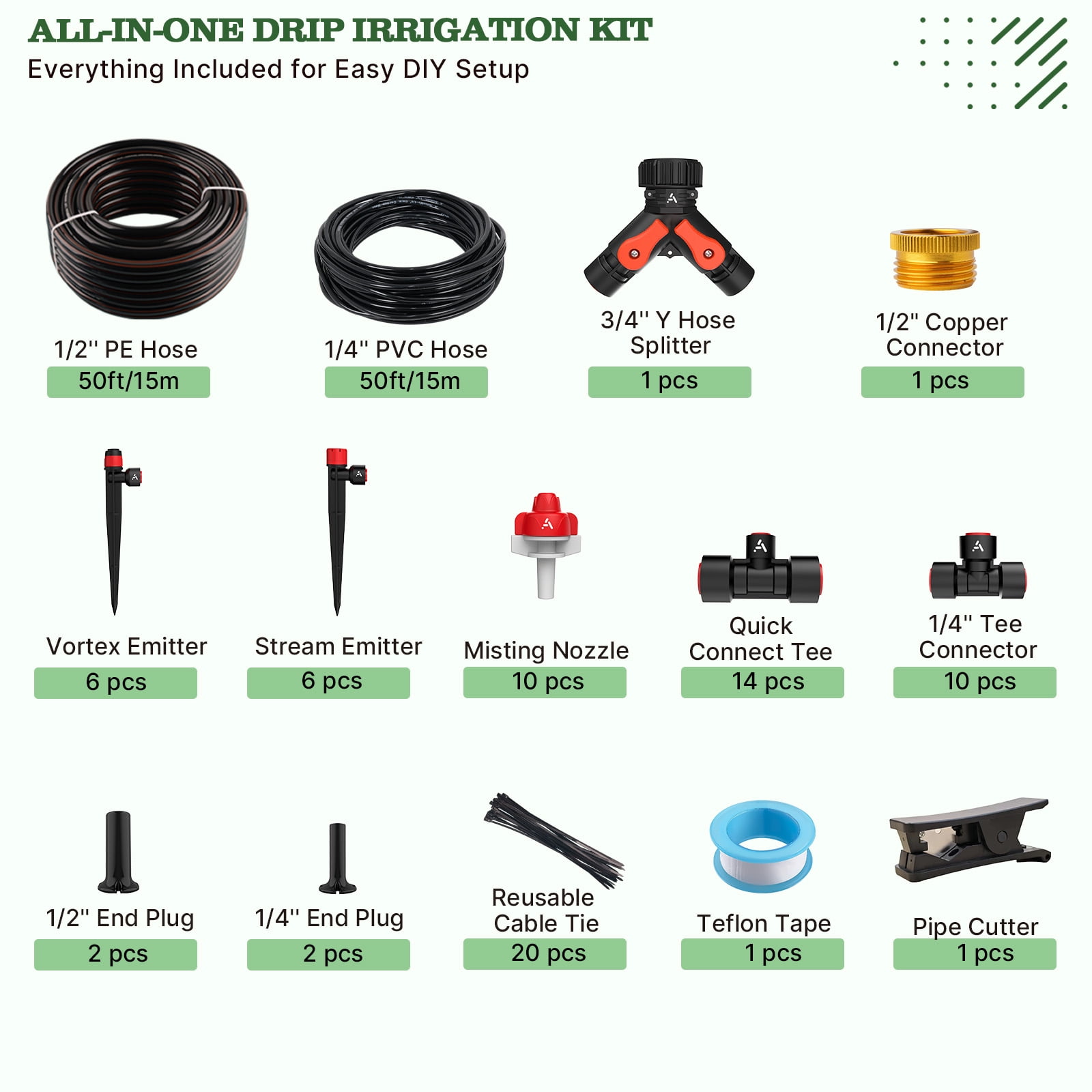 100FT Drip Irrigation System Kit, Quick-Connect Garden Watering System with 1/2” & 1/4” Tubing, Y Splitter, 22 Adjustable Emitters & Nozzles for Garden Beds, Greenhouse, Yard