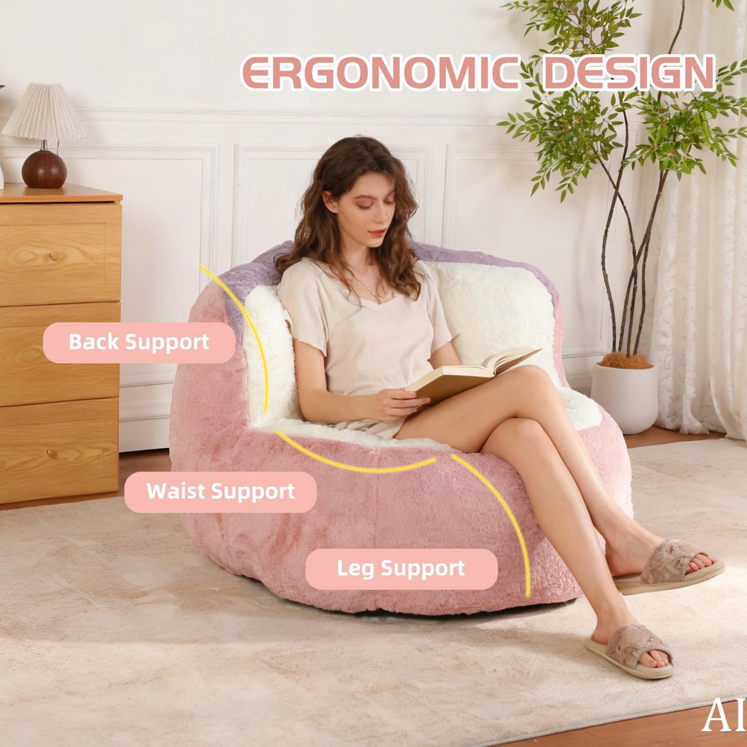 Large Plush Bean Bag Chair, High‑Density Memory Foam Bean Bag Sofa with Non‑Slip Bottom for Adults Kids Teens