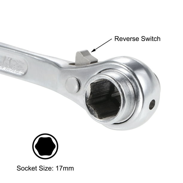14mm x 17mm Hexagon Scaffold Podger Ratchet Spanner Ratcheting Socket Wrench Tool Silver Tone