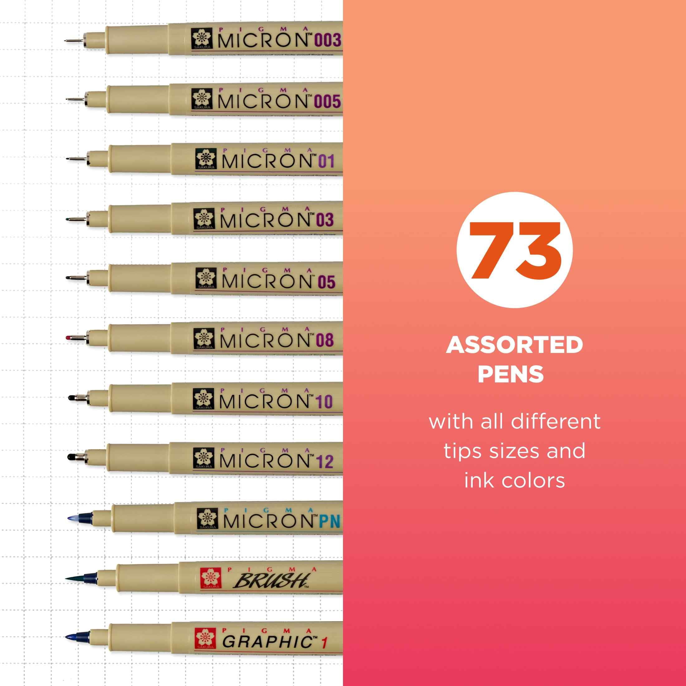 SAKURA Pigma Micron Fineliner Pens - Archival Black & Colored Ink Pens - For Writing, Drawing, or Journaling - Assorted Point Sizes - 73 Pack with Container