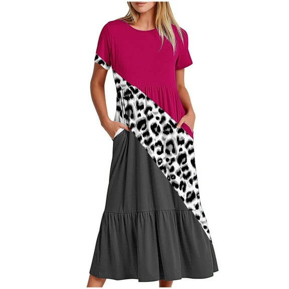 pimelu Dresses for Women Maxi Dress for Women Pleated Swing Loose Pocket A Line Beach Maxi Dress Summer Formal Leopard Print Short Sleeve Round Neck Women Long Sundresses