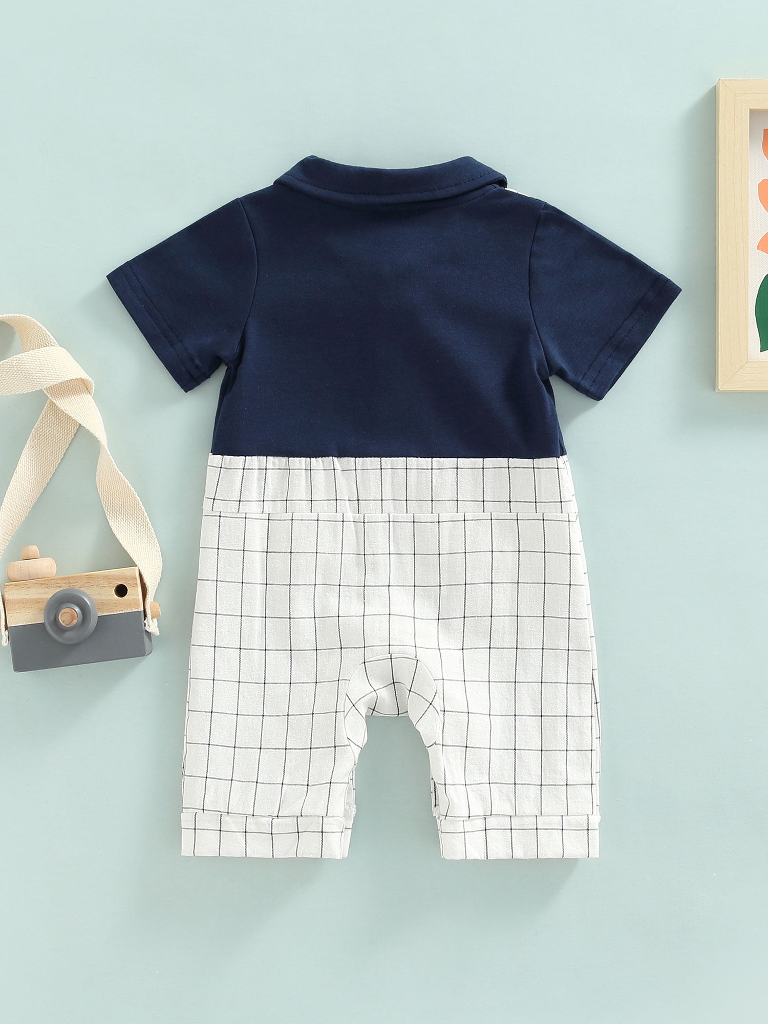 Plaid Print Lapel Collar Short-sleeve Baby Romper