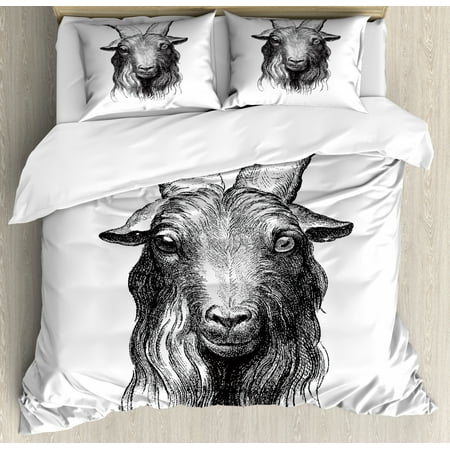 King Size Head Goat Duvet Cover Set King Size, Vintage Engraved Image of Goat Head Drawing Wildlife Ruminant Mammal Concept, Decorative 3 Piece Bedding Set with 2 Pillow Shams, Black and White, by Ambesonne ()