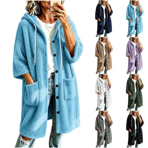Zedker Long Hooded Fleece Cardigan for Women Button Front Drawstring Hood Patch Pockets Oversized Outerwear Sky Blue Jackets for Women