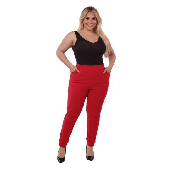 Plus Size Shirred Waist  Cuff Joggers With Pockets - Red