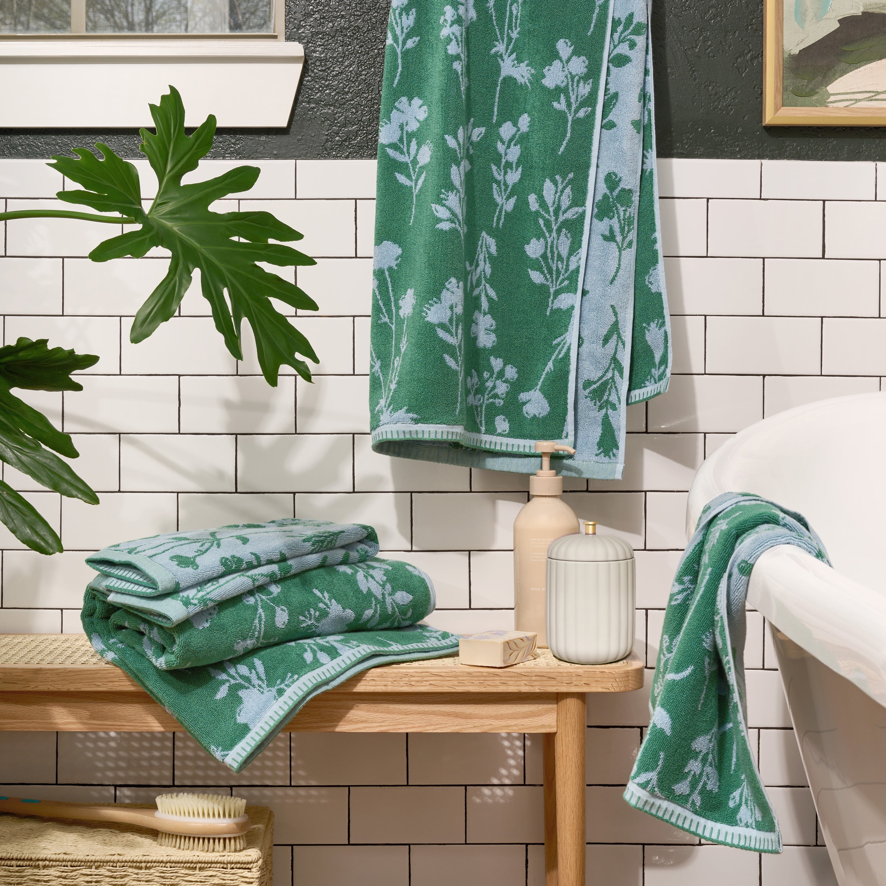 Beautiful by Drew Barrymore 4-Piece Floral Bath Towel Set, 100% Cotton, Pine Green
