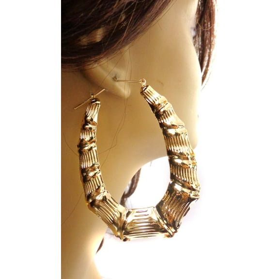 Bamboo Gold Tone Oval Hoop Earrings Thick Bamboo Hoops 2.5 inch Long