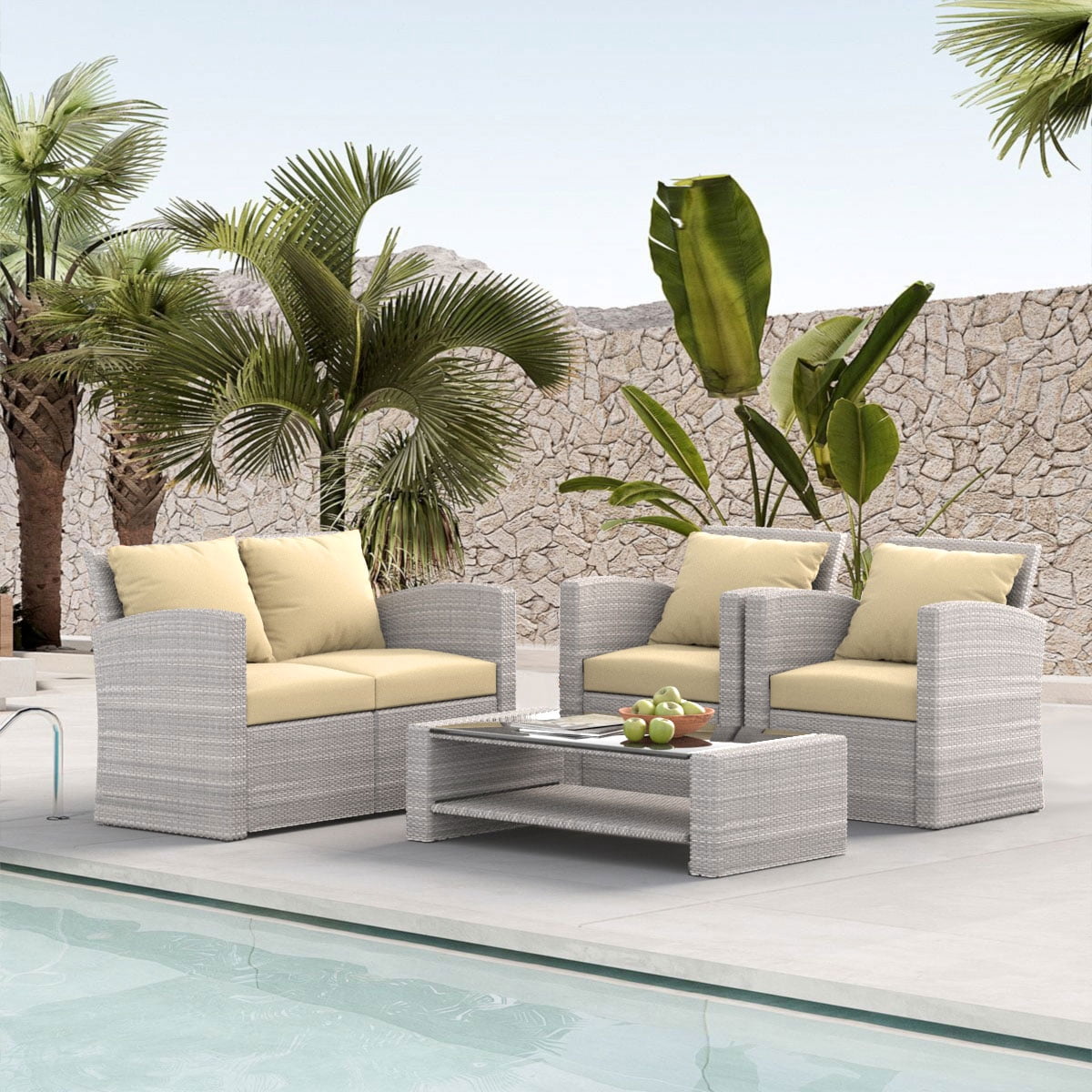 4 Pieces Patio Conversation Set, Outdoor Furniture Set with Cushion, Outside Sectional Rattan Wicker Sofa  Furniture Set for Garden, Porch, Backyard, Khaki