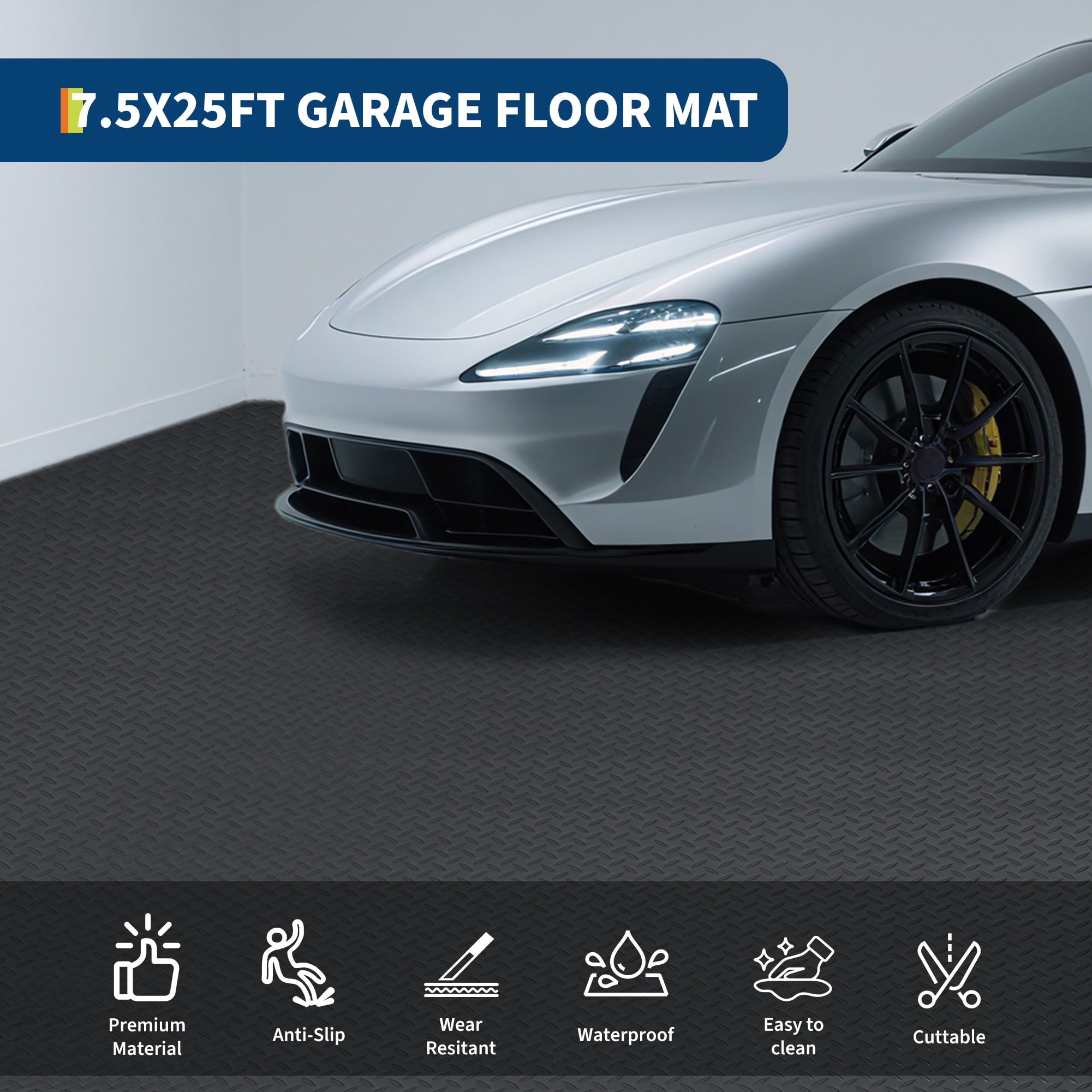Durable Non-Slip Garage Floor Mat for Car, SUV, Truck Parking – 2.8mm Thick Diamond Plate PVC Roll – Protective Flooring for Garage, Workshop – 7.5x17FT, Black