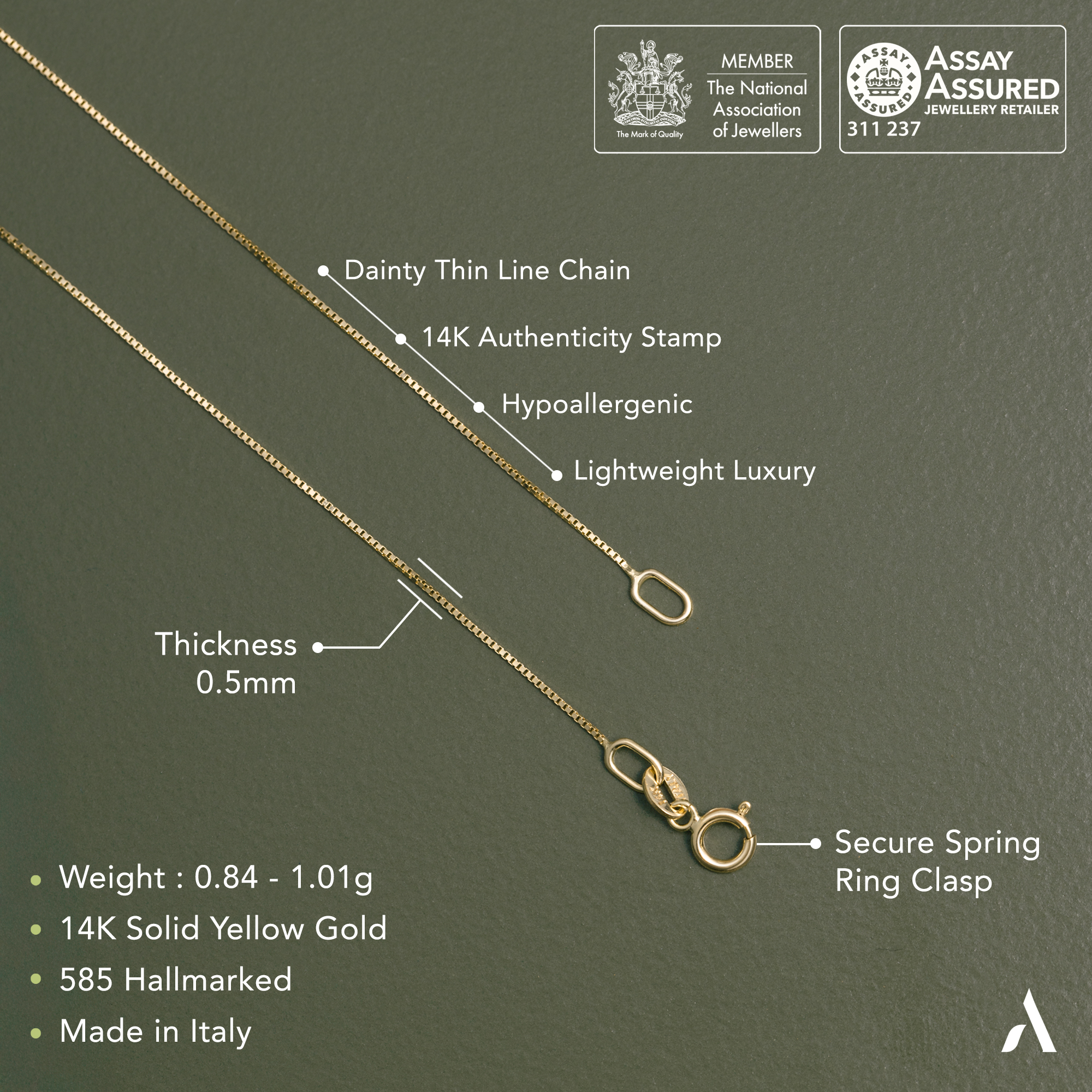 Amberta Real Italian Yellow 14K Gold Necklaces for Women Men | Super Thin Dainty & Sturdy Box Curb Singapore Solid Chain Delicate Choker 16/18/20 inch: 14K Gold Venetian Chain For Women 18 inch