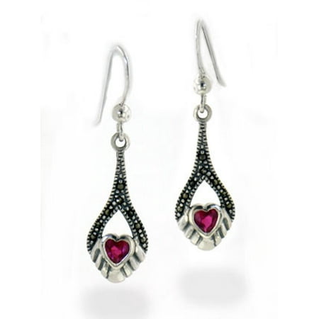 Sterling Silver Marcasite Ribbon - Marcasite and Synthetic Ruby Graduated Heart Drop Sterling Silver Earrings