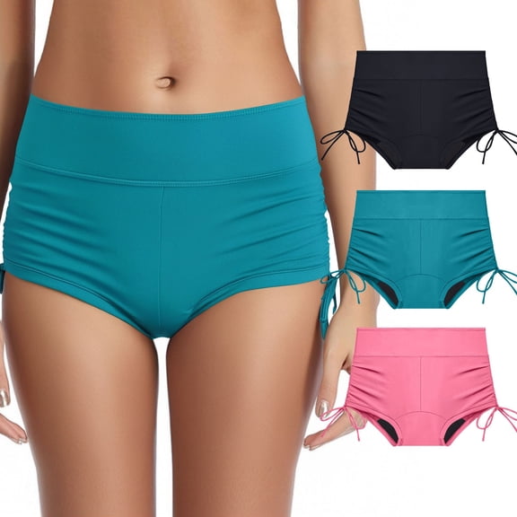 Minjewel Women's Leakproof High Waist Swim Trunks, Period Bikini Bottom Absorbent Swimwear for Teens, Bathing Suit,Black L