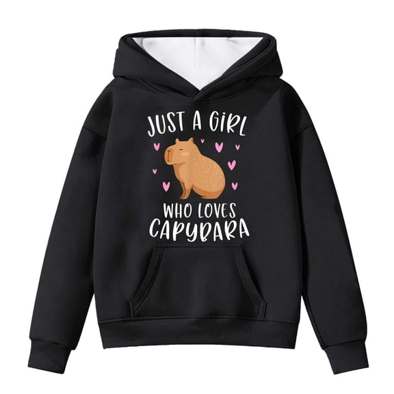 SonxaHe Toddler Girl Hooded Sweatshirts Capybara Print Long Sleeve Pullover Tops withpocket Loose Cozy Fall Winter Hoodies Black,Sized 4-5