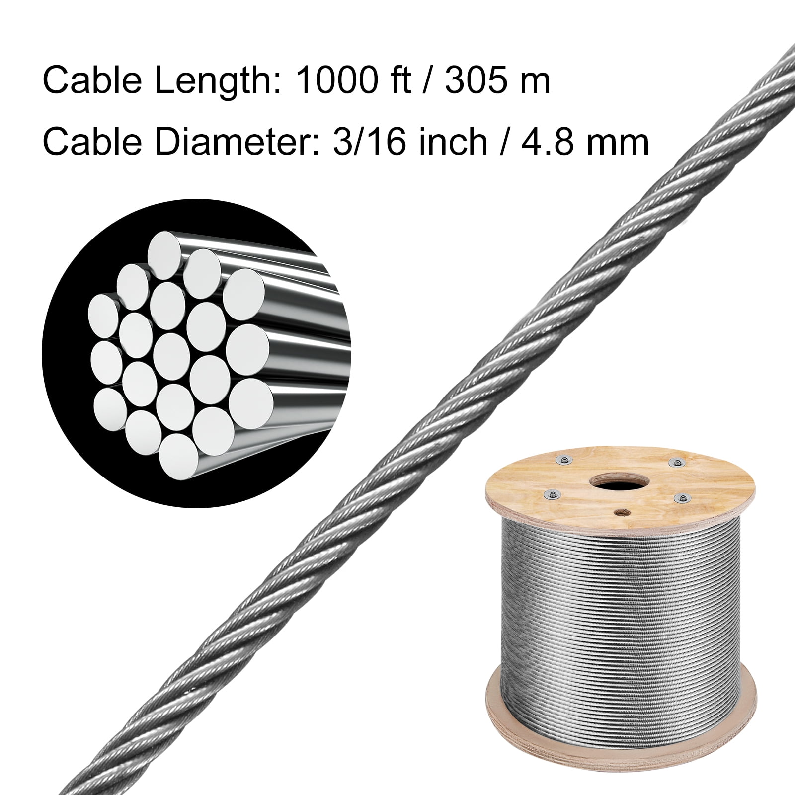 BENTISM 316 Stainless Steel Wire Rope Cable, 3/16", 1x19, 1000 ft reel