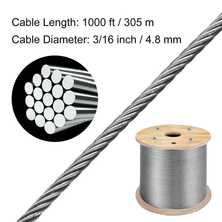 BENTISM 316 Stainless Steel Wire Rope Cable, 3/16, 1x19, 1000 ft reel 