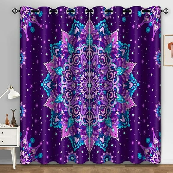 Boho Floral Blackout Curtains Purple Flowers Bohemian Window Drapes Decor For Bedroom Living Room Grommet Top Room Darkening Curtains 42"W x 63"L (Pack of 2)