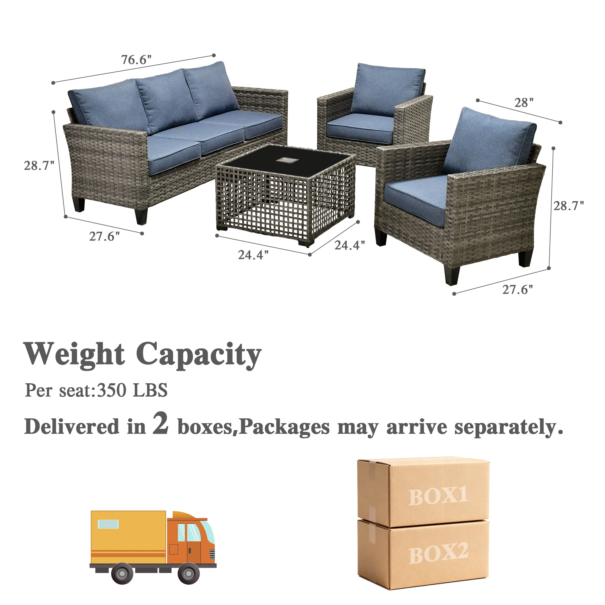 Ovios 4 Pieces Outdoor Patio Furniture Set with Lighted Coffee Table All-Weather Wicker Rattan Conversation Sofa Set, Denim Blue