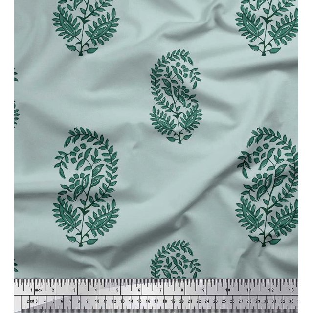 Soimoi Modal Satin Fabric Leaves Block Print Fabric by Yard 42 Inch Wide