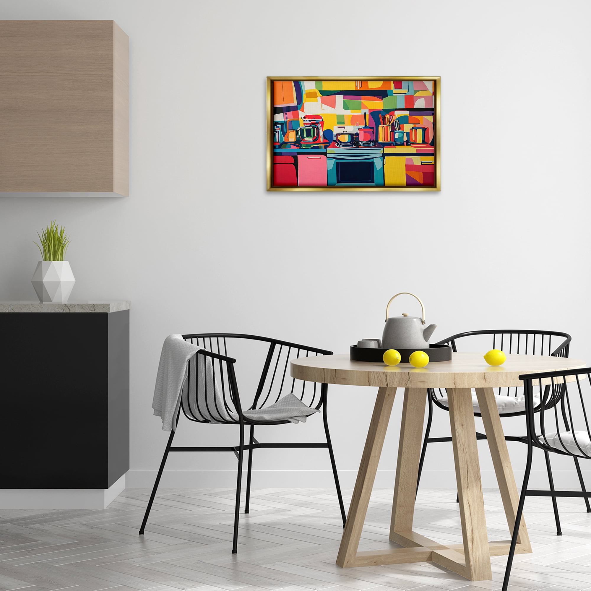 Stupell Industries Whimsical Hued Kitchen Furniture Painting Gold Floater Framed Canvas Art Print Wall Art, 25 x 17