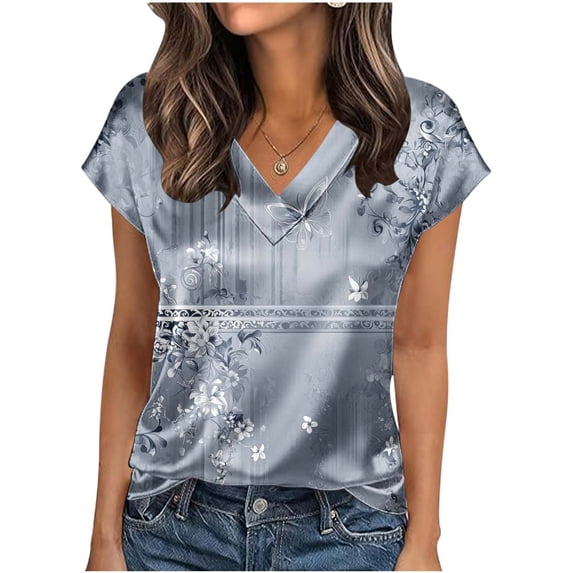 Zivyakyron V-Neck T-Shirts Womens Summer Short Sleeve Womens Clothes Loose Floral Tunic Anniversary Casual Tops