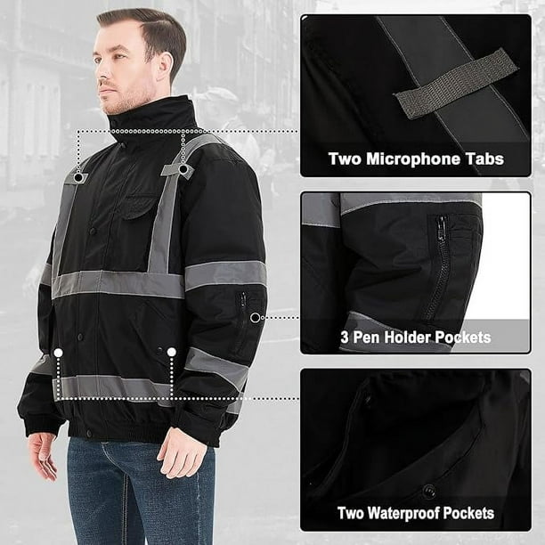 ProtectX High Visibility Safety Waterproof Bomber Jacket for Men Hi Vis Reflective Winter Construction Jacket Black 3X Large