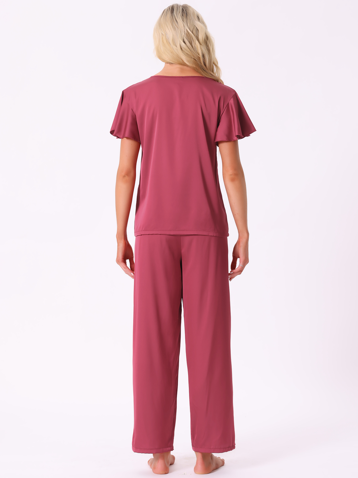 DARING DIVA Silky Satin 2 Pieces Ruffle Top and Long Pants Sleepwear Sets XL Red