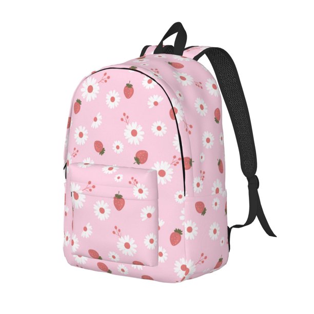 Disketp Hand Drawn Strawberry print Canvas Backpack Lightweight Travel Daypack Student Rucksack Laptop Backpack-Small