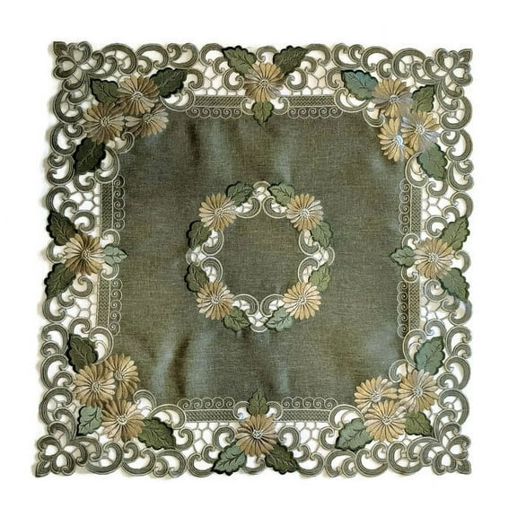 Doily Boutique Tablecloth or Table Topper Square Embroidered with Gold Daisy Flowers on Sage Green Burlap Linen Fabric Size 34 inches