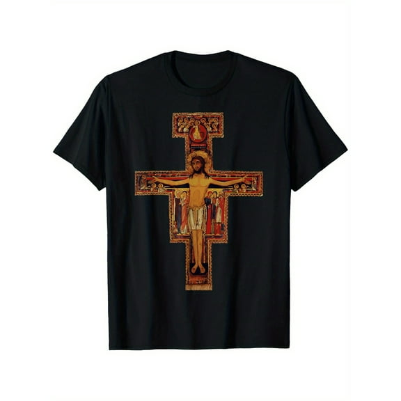 [Religious T-Shirt] Modern Catholic Francis of Assisi San Damiano Cross T-Shirt | Unisex Adult, Short Sleeve, Black, Size Small, Gift for Men Women Dad Mom Friends
