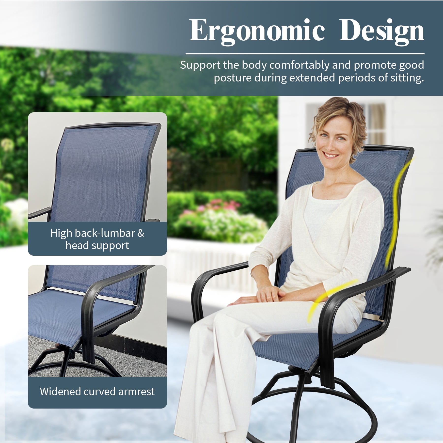 Set of 2 Patio Swivel Dinning Chairs: 360°Swivel & 15° Rocking Motion, Ergonomic High-Back with Weatherproof Teslin Fabric & Metal Frame for Backyard, Poolside, Garden & Porch