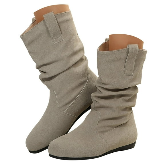 Mepaouo Womens Slouch Flat Boots Dressy Cowboy Cowgirl Boots Low Wedge Suede Mid Calf Boots