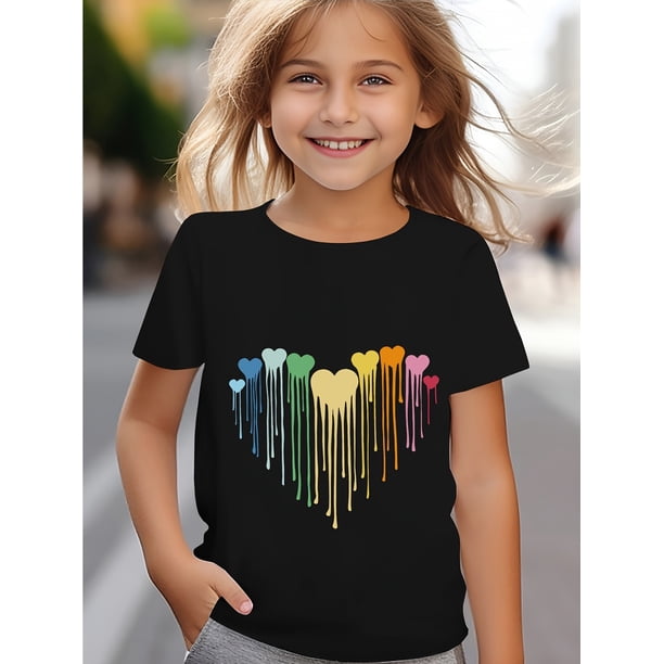 Camiseta de punto de manga corta con estampado de corazones para niños, transpirable y elástica, con cuello redondo, ideal para deportes al aire libre, ropa informal, camiseta de verano.