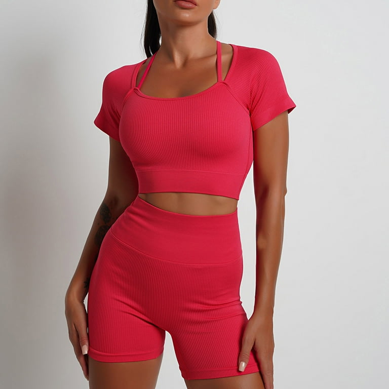 Workout Outfits for Women 2 Piece Seamless Short Sleeve Square Collar Yoga  Tops with Biker Shorts Set Fashion Solid Gym Exercise Set