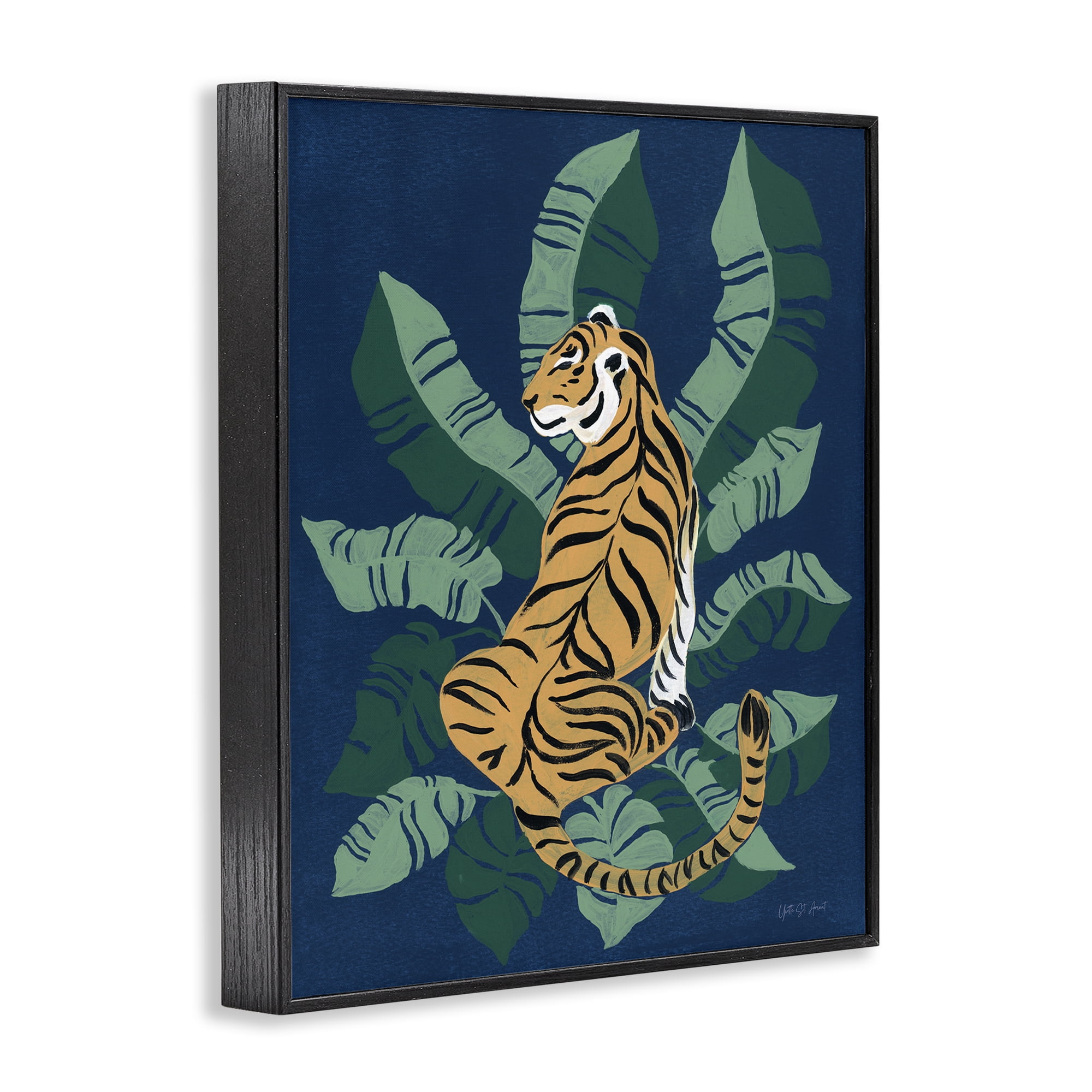 Stupell Industries Tiger Sitting over Palms Animals & Insects Painting Black Framed Art Print Wall Art, 16 x 20