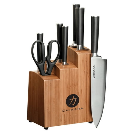 - Ginsu Gourmet Chikara Series Forged 8-Piece Japanese Steel Knife Set – Cutlery Set with 420J Stainless Steel Kitchen Knives – Bamboo Finish Block, COK-KB-DS-008-1