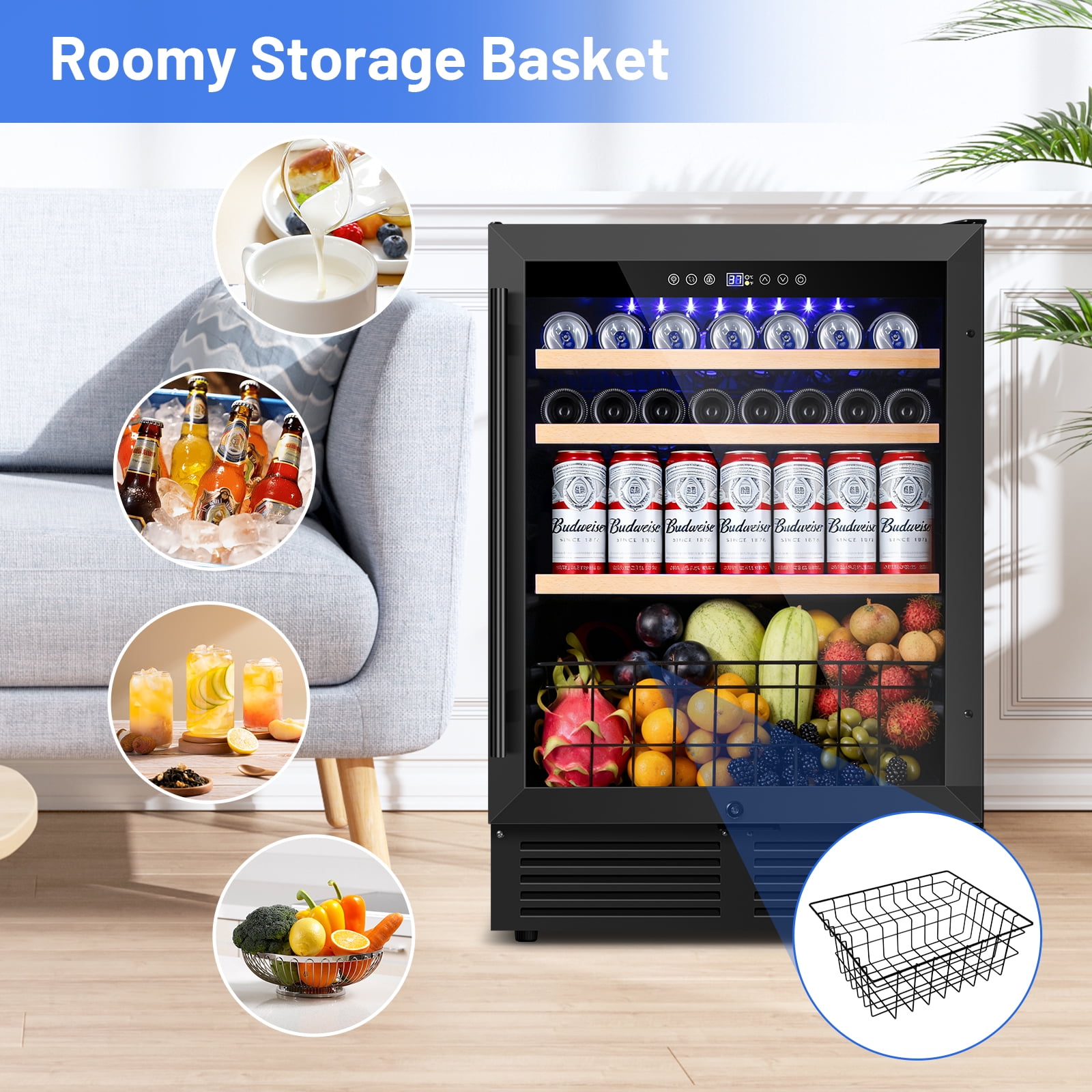 24" Beverage Refrigerator 180 Cans Beverage Cooler Reversible Door Recessed Black Beer Fridge With 1 Basket