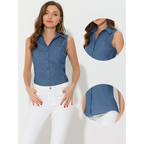 Camisa de mezclilla con botones para mujer sin mangas con solapa cuello en V tunica de chambray Azul XS Allegra K Blusa