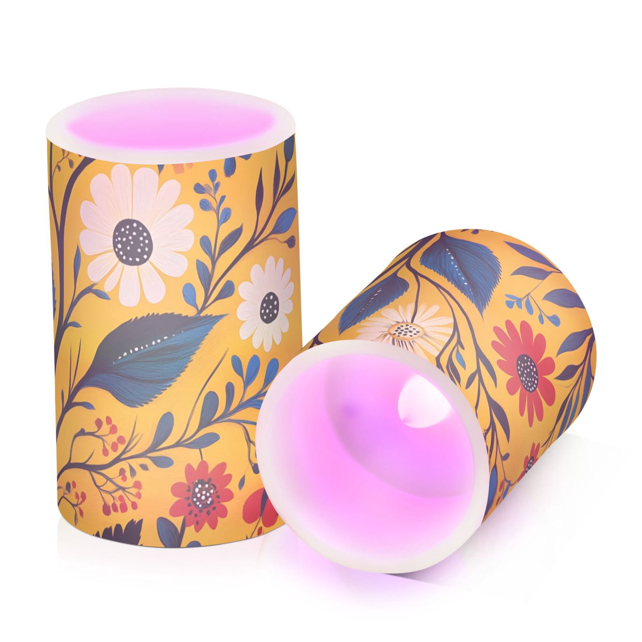 Floral Illustration Yellow Background Flickering Flameless Candles Battery Operated with Remote Timer LED Pillar Candles Set of 2